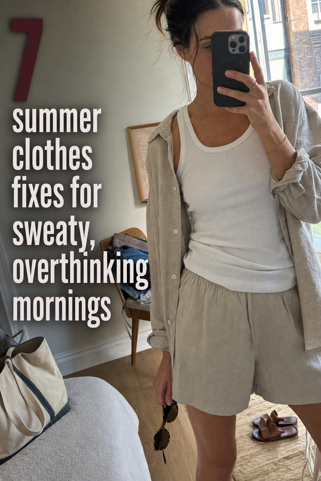 Woman mirror selfie adjusting linen shirt and shorts in a lived-in apartment, practical summer clothes styling in soft daylight.
