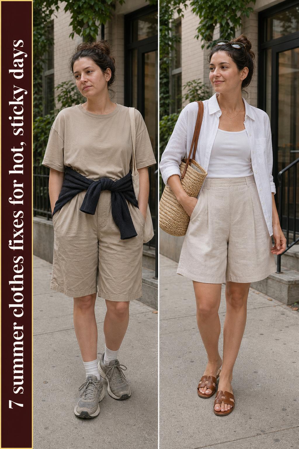 Summer clothes laid out on a bed, featuring light dresses, shorts, and sandals in soft natural light