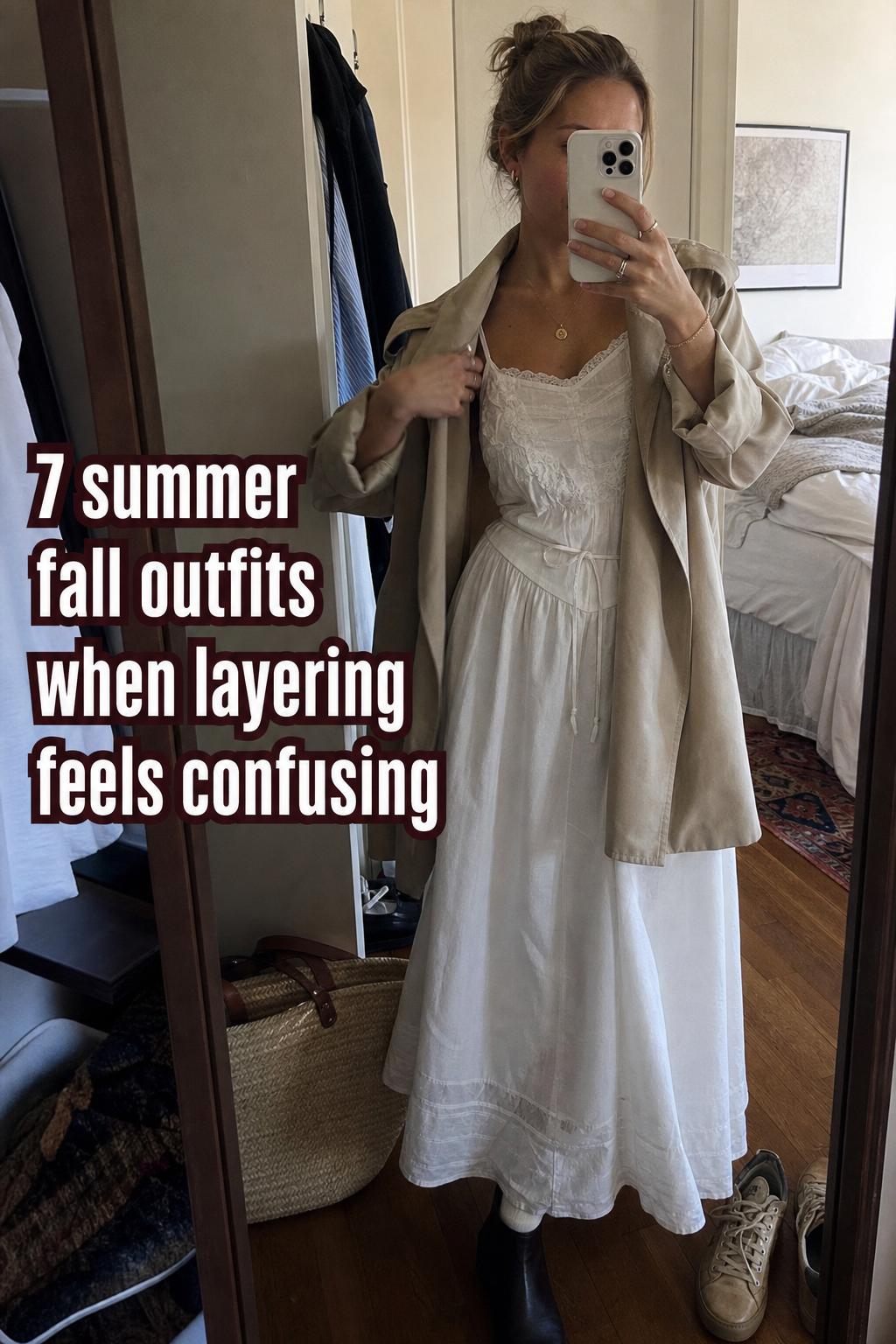 Mirror selfie of woman layering trench over white dress in messy apartment, showcasing summer fall outfits with boots.