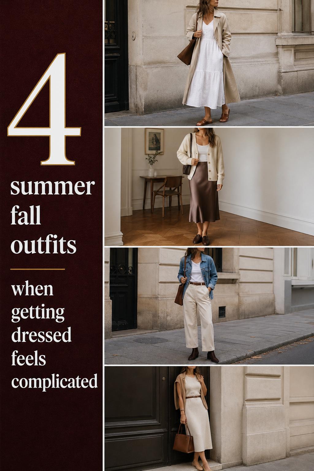 summer fall outfits checklist featuring four neutral city looks with trench, slip skirt, denim jacket, and cardigans