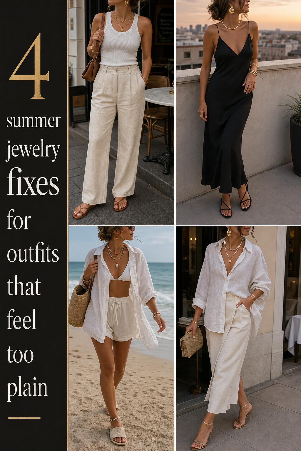 Summer jewelry outfit grid showing 4 sunlit looks with layered gold, pearls, shells, and statement earrings in a Pinterest-style collage