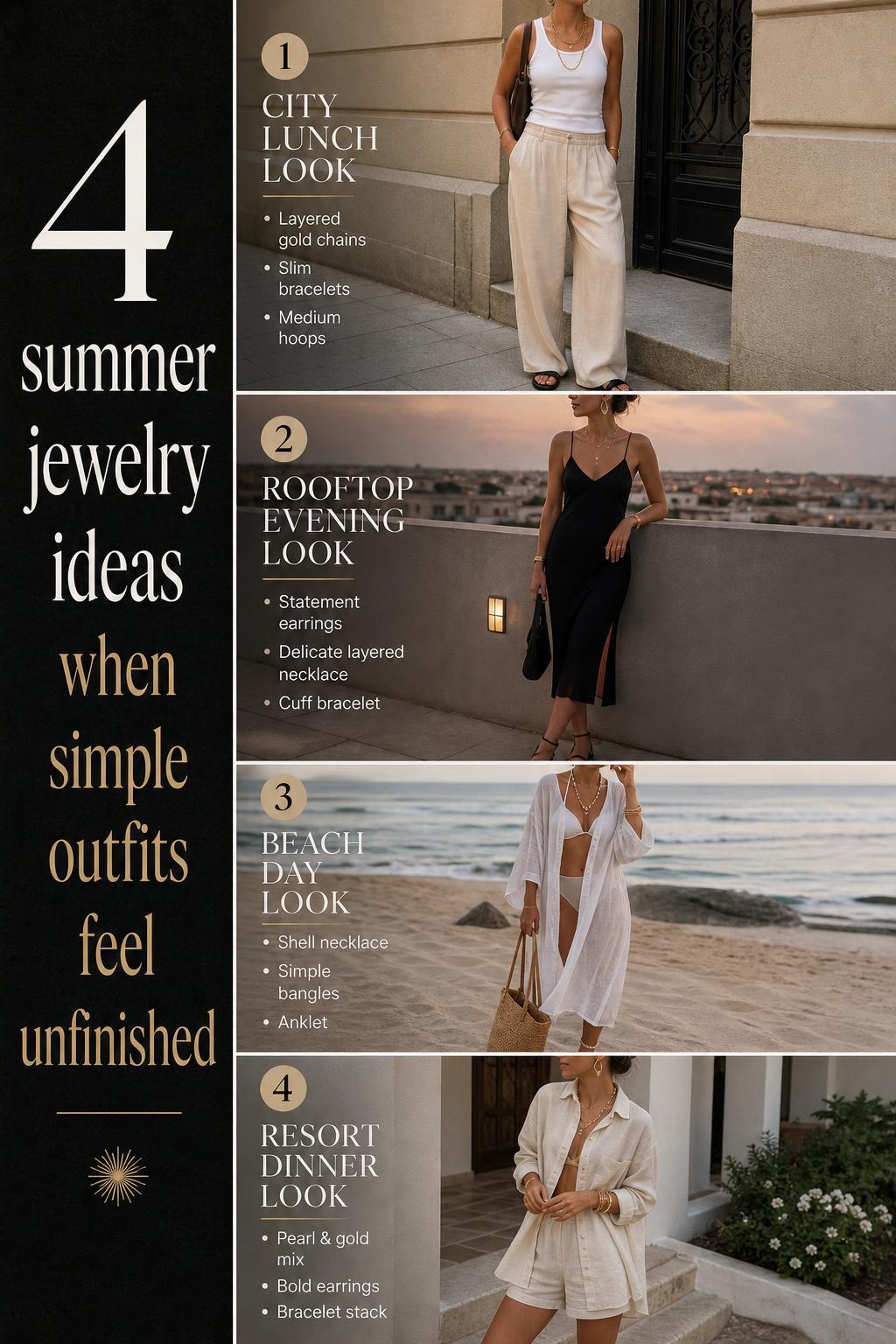 Summer jewelry outfit checklist featuring 4 looks: city lunch, rooftop evening, beach day, and resort dinner with gold, pearls and shells