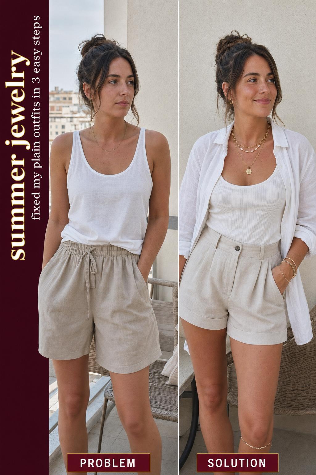 Summer jewelry styled on sunlit beach with delicate gold necklace and shell earrings for a chic seasonal look