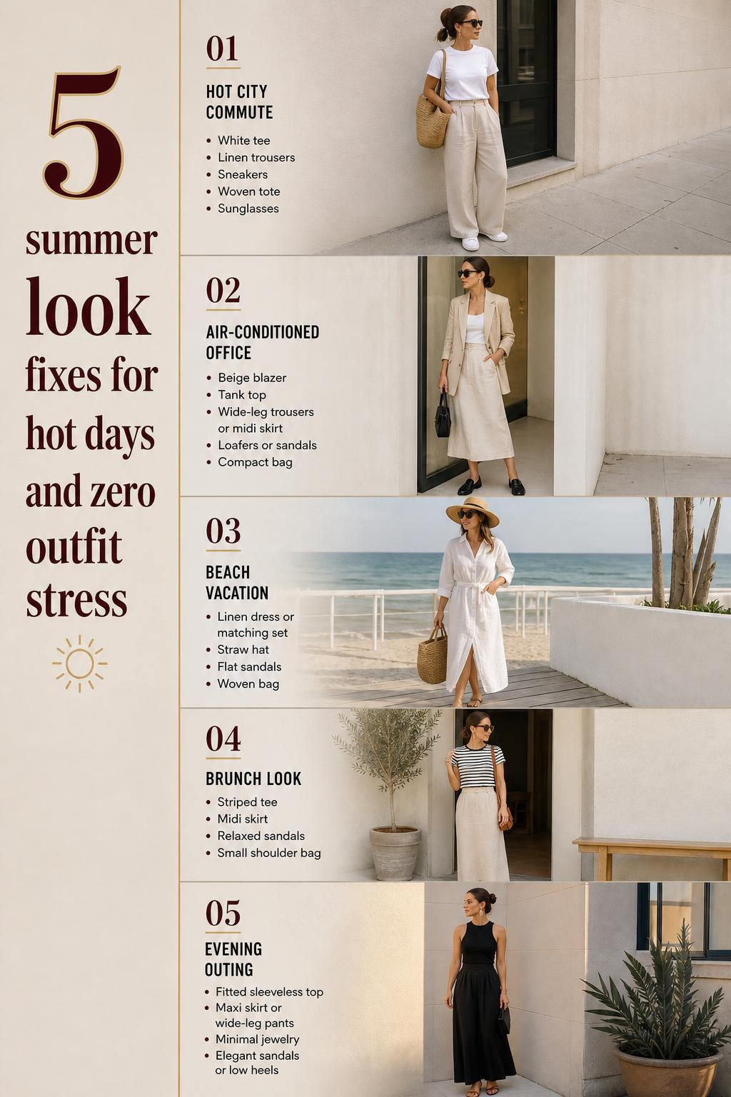 Summer look checklist pin with five modern outfit ideas for commute, office, beach, brunch and evening in neutral tones