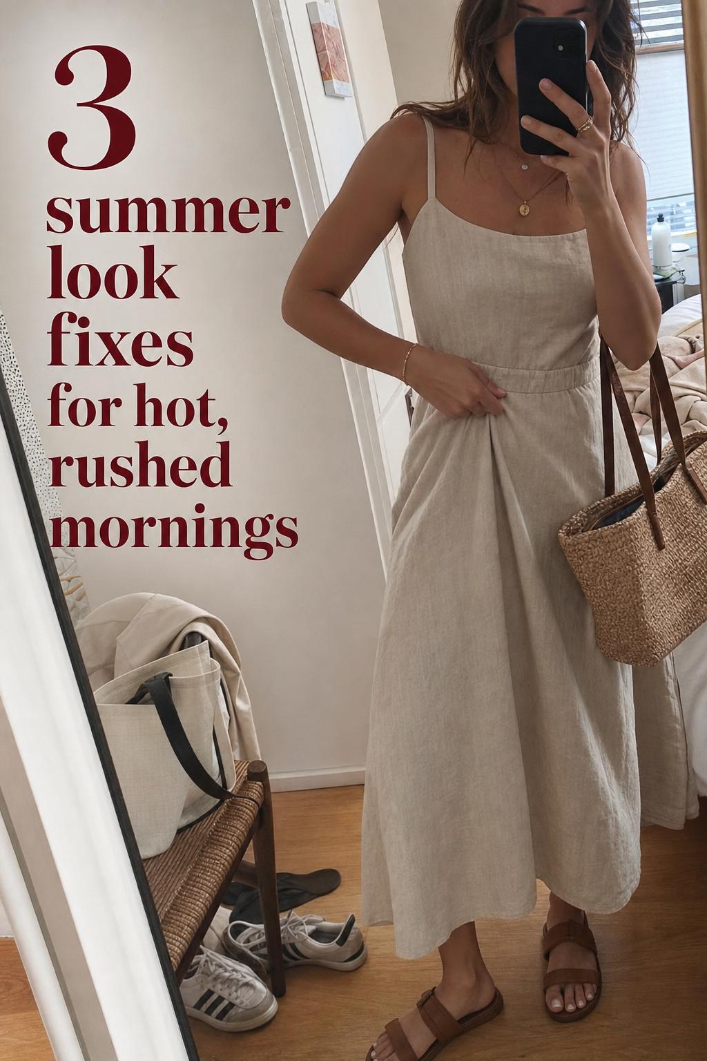 Summer look mirror selfie in a messy bedroom, woman adjusting breezy outfit with text overlay about quick fixes