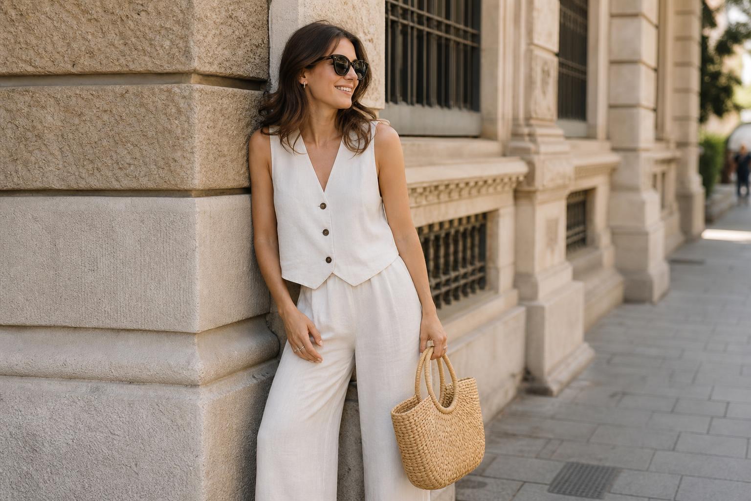 Photograph of a chic summer look with a linen dress, sandals, and straw bag styled for city days and beach trips