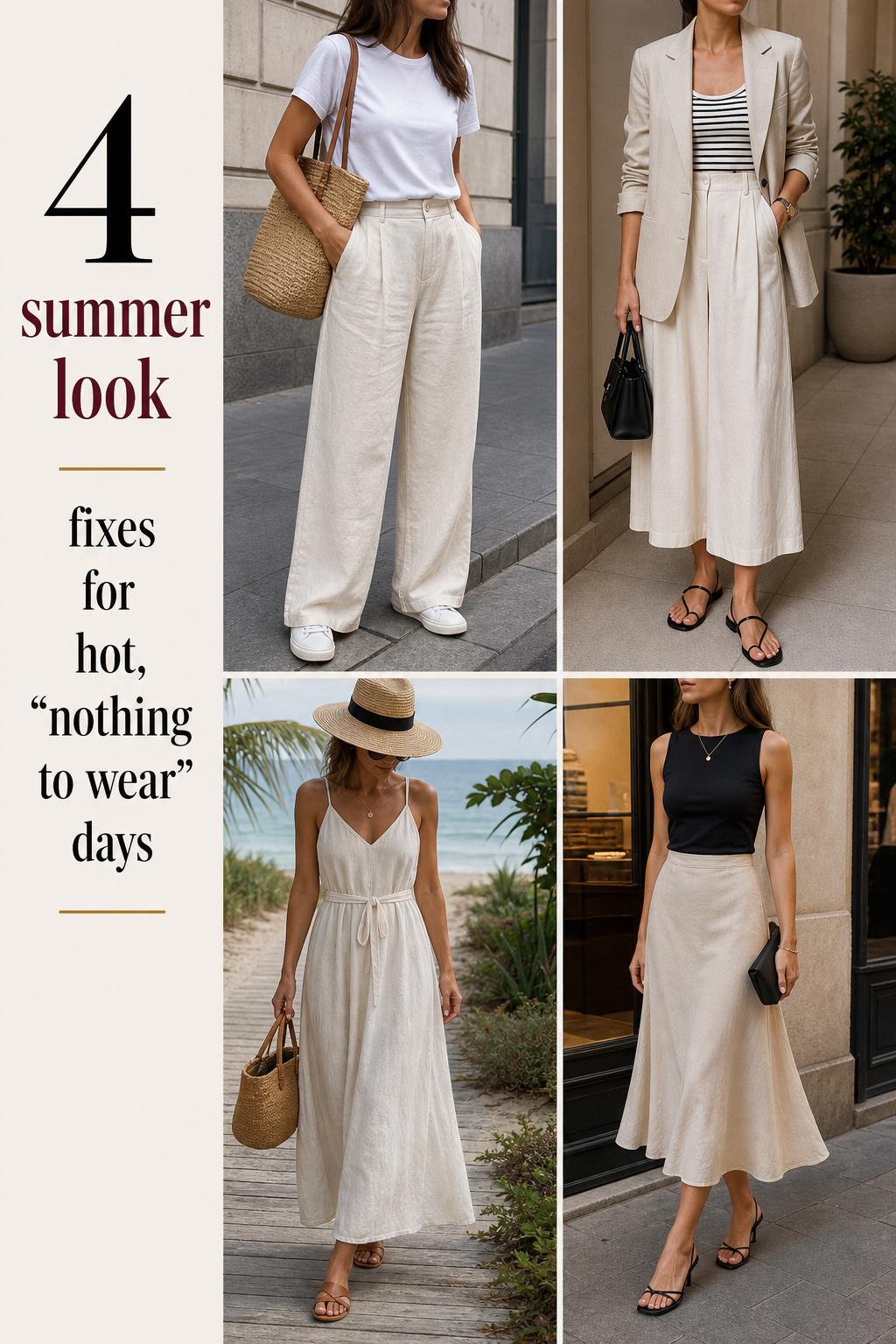 Summer look outfit grid with 4 breathable modern summer outfits for commute, office, beach resort, and evening dates