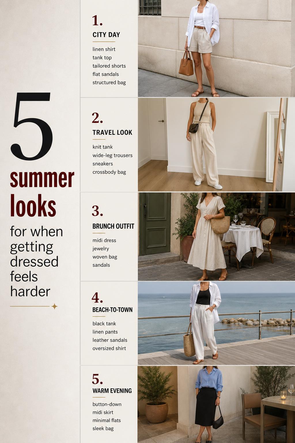 Summer looks checklist pin with 5 realistic outfit ideas in a clean vertical layout and neutral backgrounds