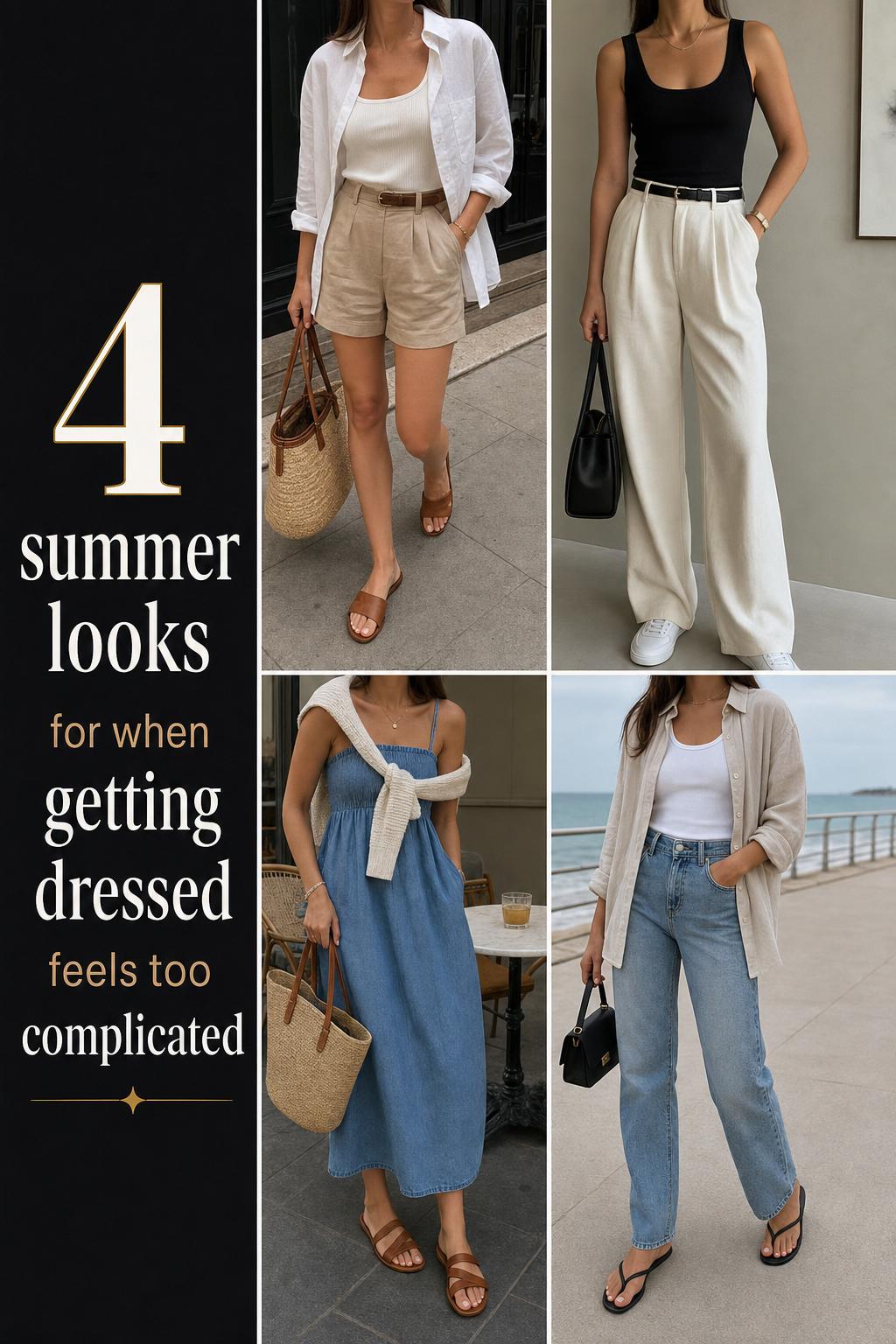 Summer looks outfit grid with four realistic warm-weather outfits in neutral tones, shown head-to-toe in everyday settings