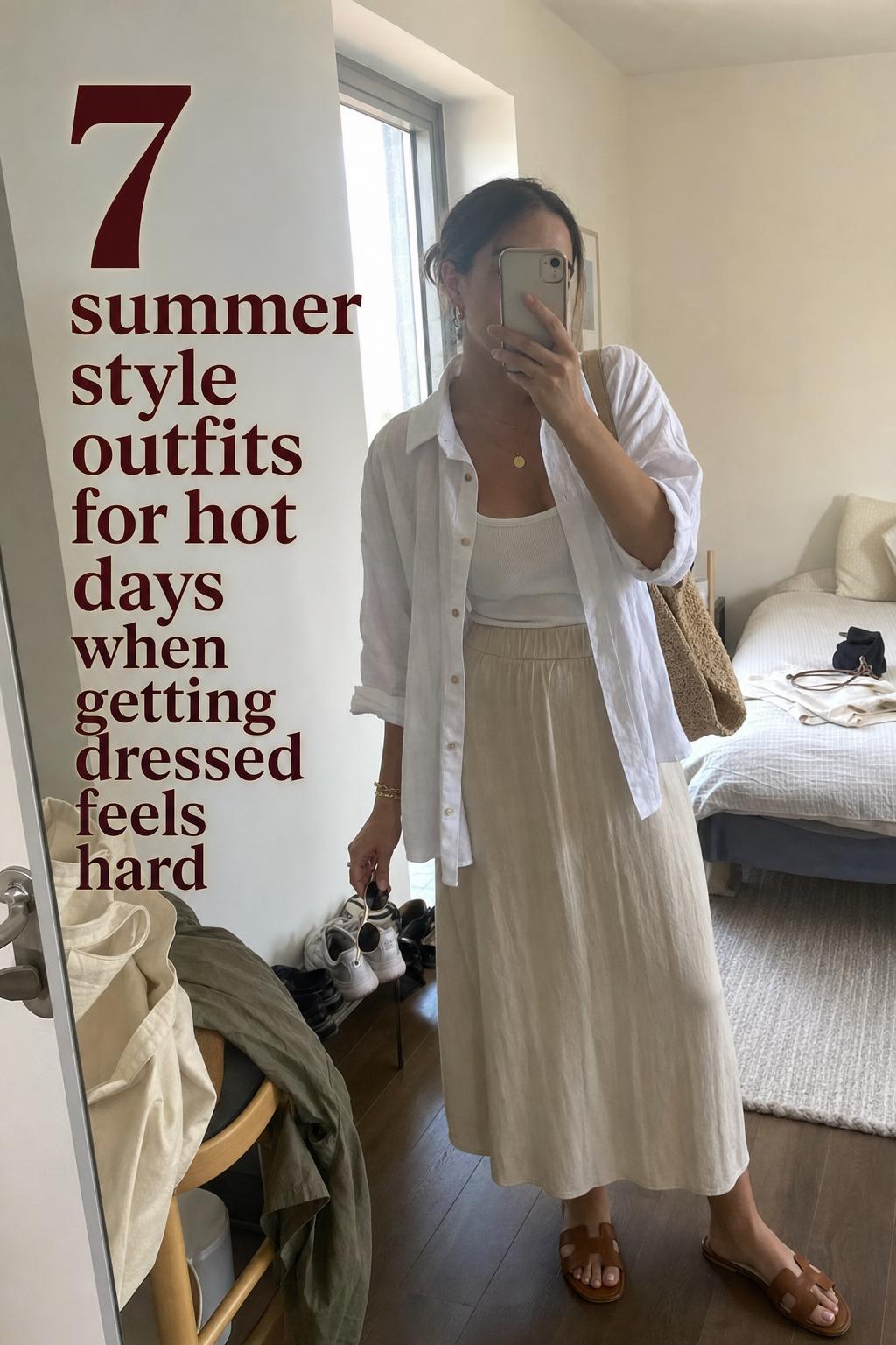 Woman mirror selfie in apartment wearing breathable summer style outfits with linen shirt, tank, midi skirt and sandals in warm light