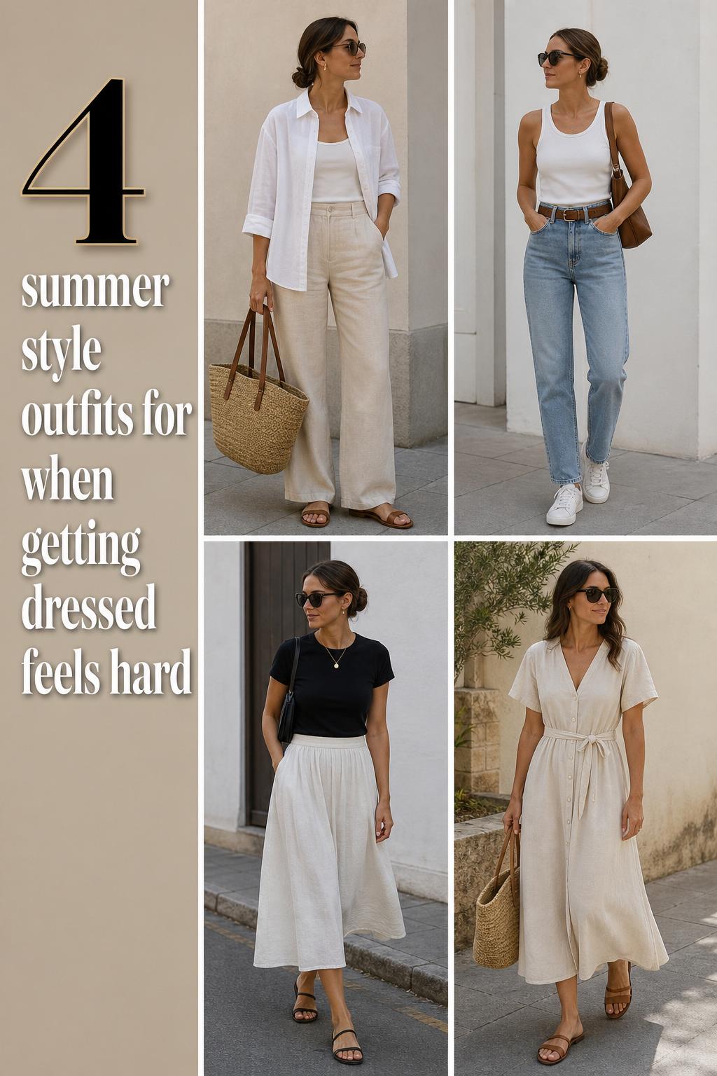 Summer style outfits Pinterest pin with four minimalist looks in a clean grid and bold vertical text overlay