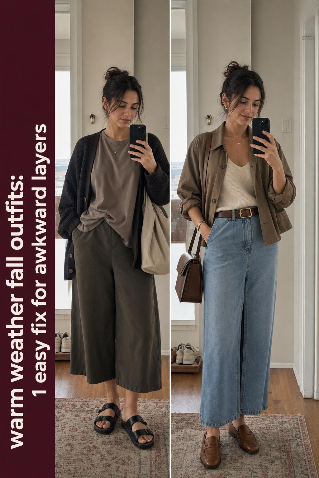 Warm weather fall outfits on a woman in a light sweater and ankle boots, walking through autumn leaves in soft sunlight
