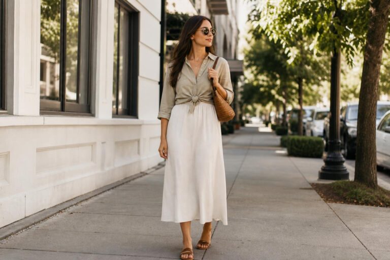 Warm weather fall outfits with a neutral dress, denim jacket, and sandals on a city street, polished and breathable