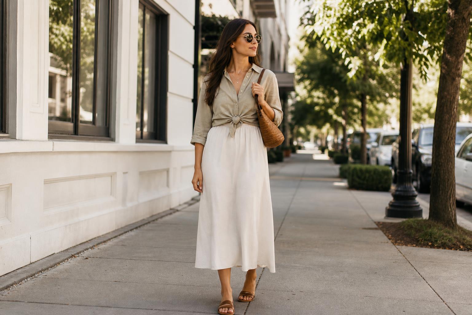 Warm weather fall outfits with a neutral dress, denim jacket, and sandals on a city street, polished and breathable