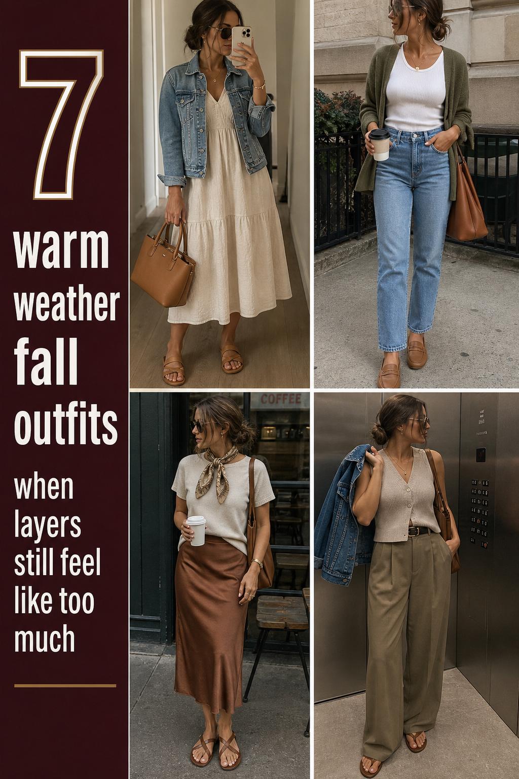 Warm weather fall outfits collage with 4 early autumn looks in cream, olive, denim and camel, styled in natural light