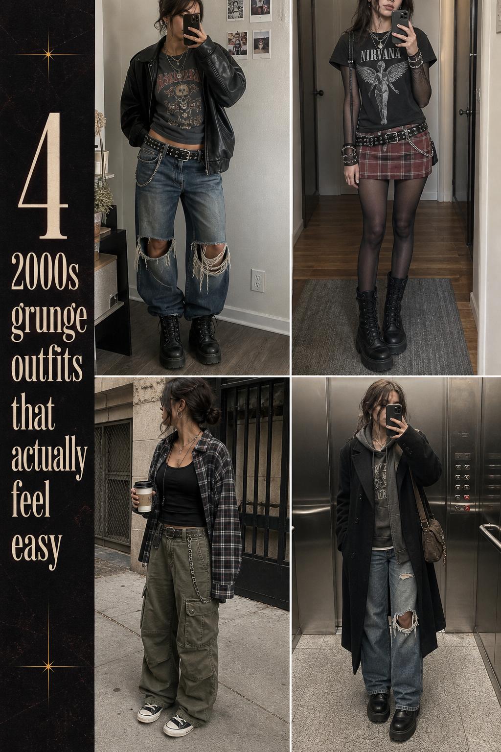 2000s grunge outfits grid with 4 dark Y2K layered looks, denim, plaid skirt, cargo pants, and platform boots