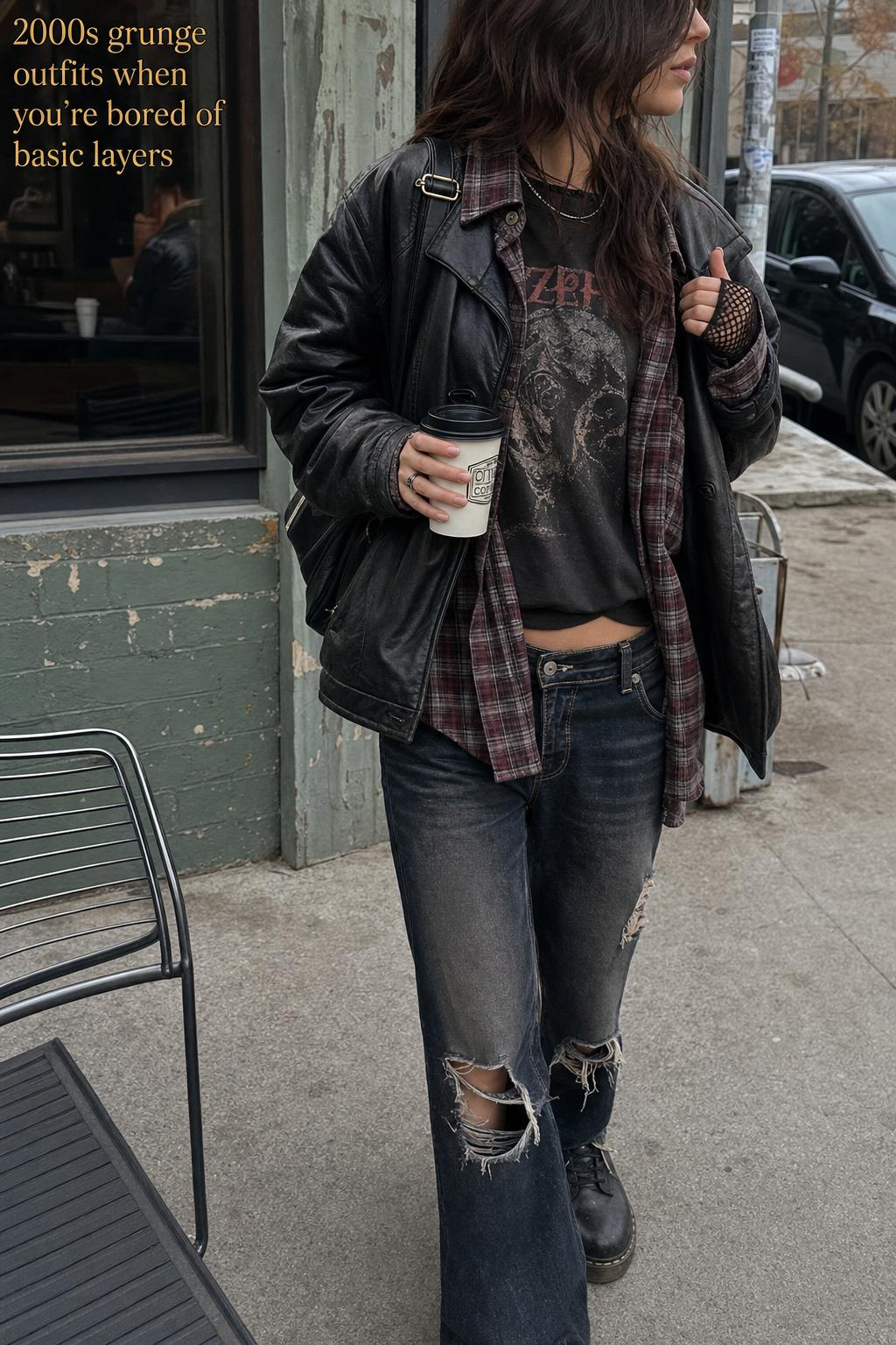Candid street photo of young woman wearing 2000s grunge outfits with plaid flannel, leather jacket, band tee and combat boots
