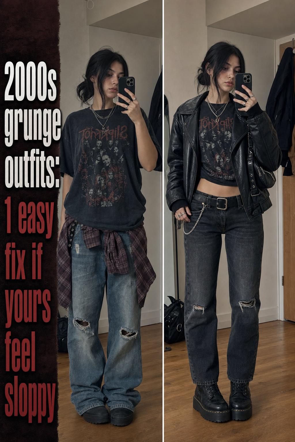 2000s grunge outfits with layered plaid shirt, band tee, ripped jeans, and chunky boots on a city street