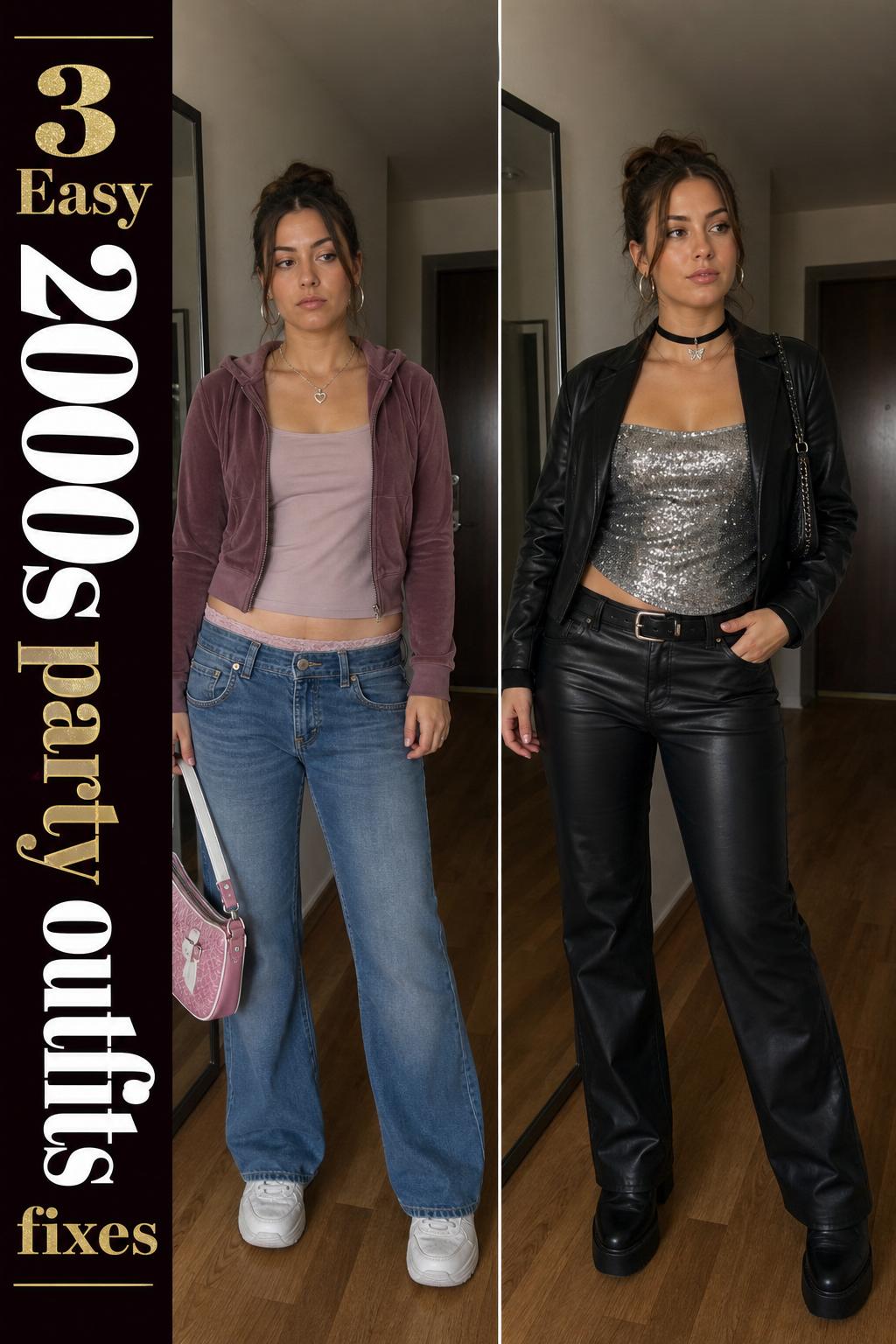 2000s party outfits on friends dancing in a nightclub with colorful lights