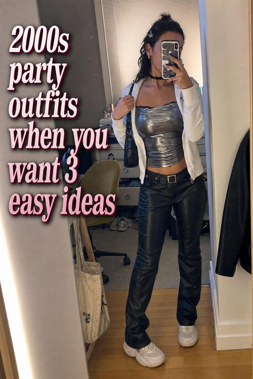 2000s party outfits mirror selfie in a lived-in apartment, Y2K metallic top with low-rise jeans and chunky shoes