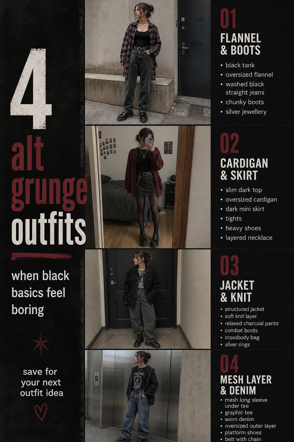 Alt grunge outfits checklist with 4 dark layered looks featuring flannel, boots, knits, and worn denim in urban settings