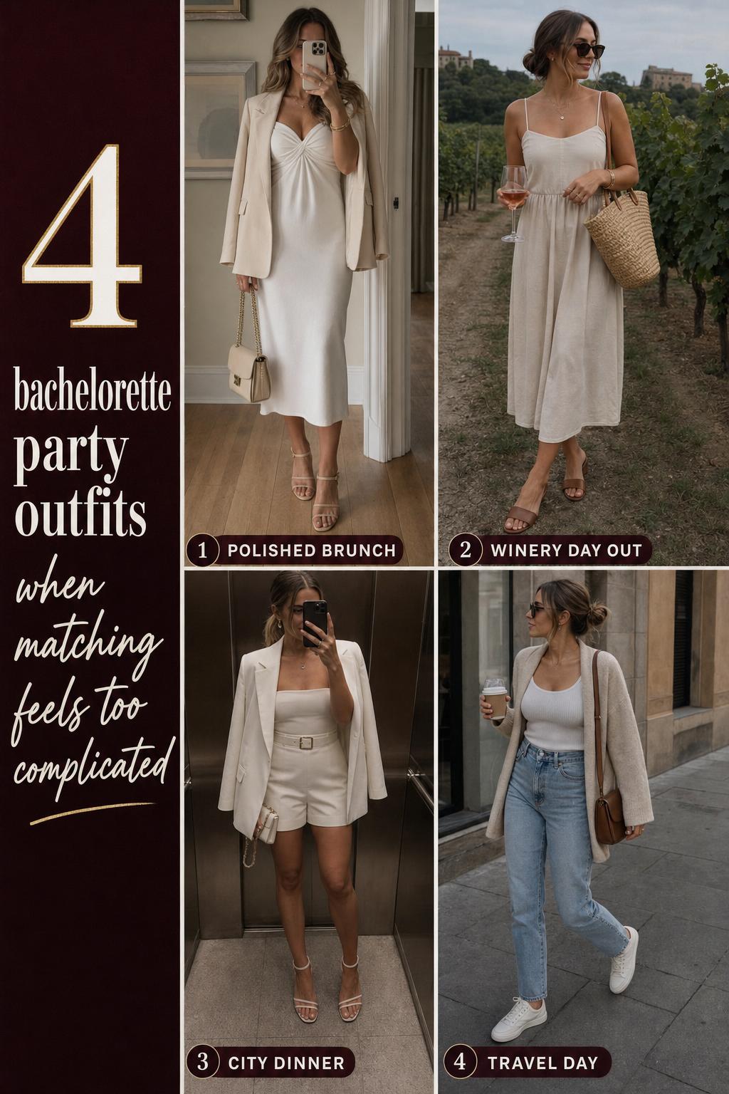 Bachelorette party outfits collage with 4 modest weekend looks in neutral tones, brunch, winery, dinner, and travel styling