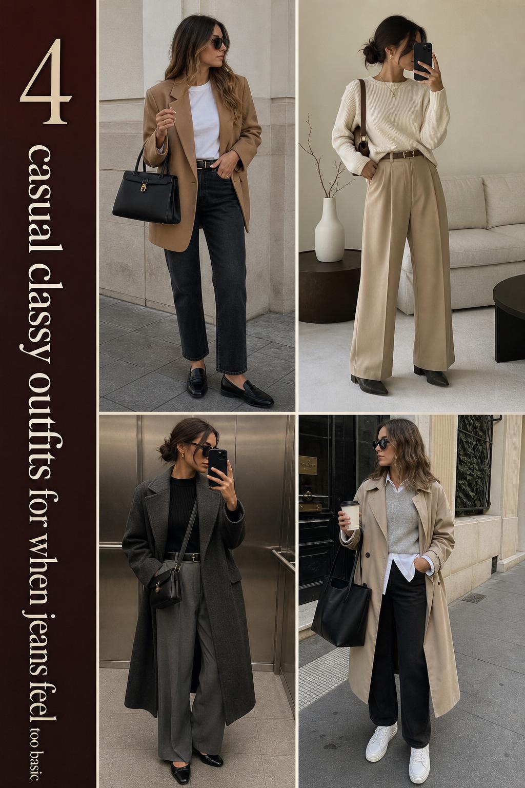 Casual classy outfits grid featuring four neutral-toned looks with blazers, knits, tailored trousers, loafers and sneakers.