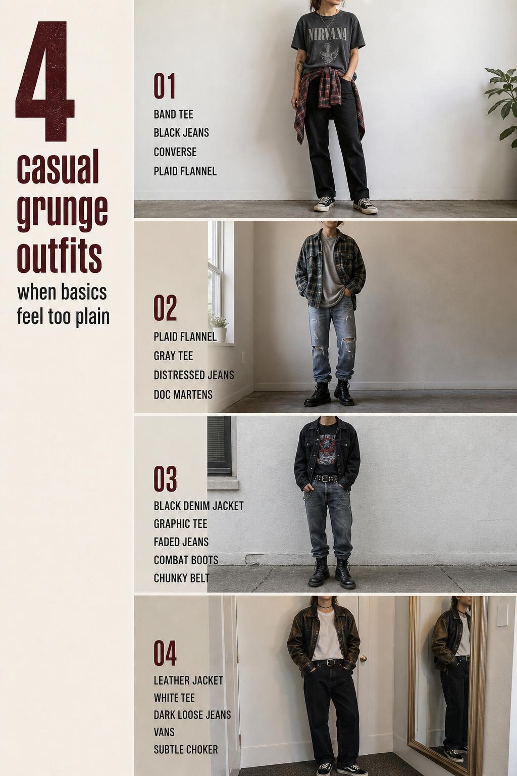 Pinterest-style checklist of casual grunge outfits with four full-body looks in a clean vertical list and side title text