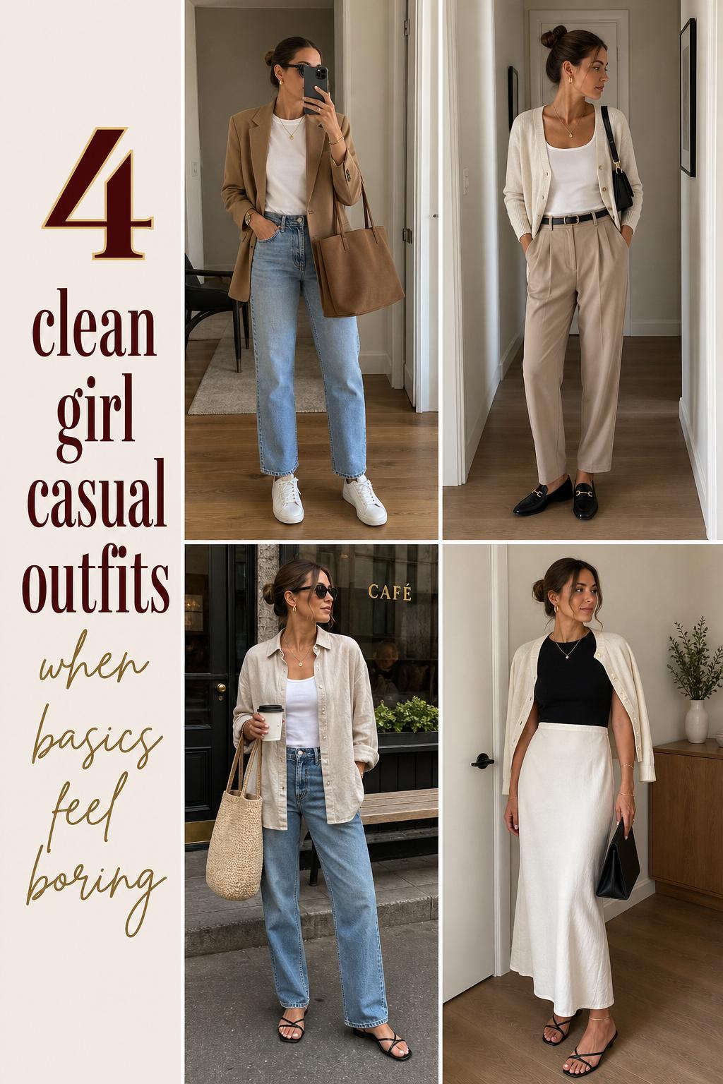 Clean girl casual outfits outfit grid featuring 4 minimalist looks with neutral basics, denim, blazers, loafers, and skirts
