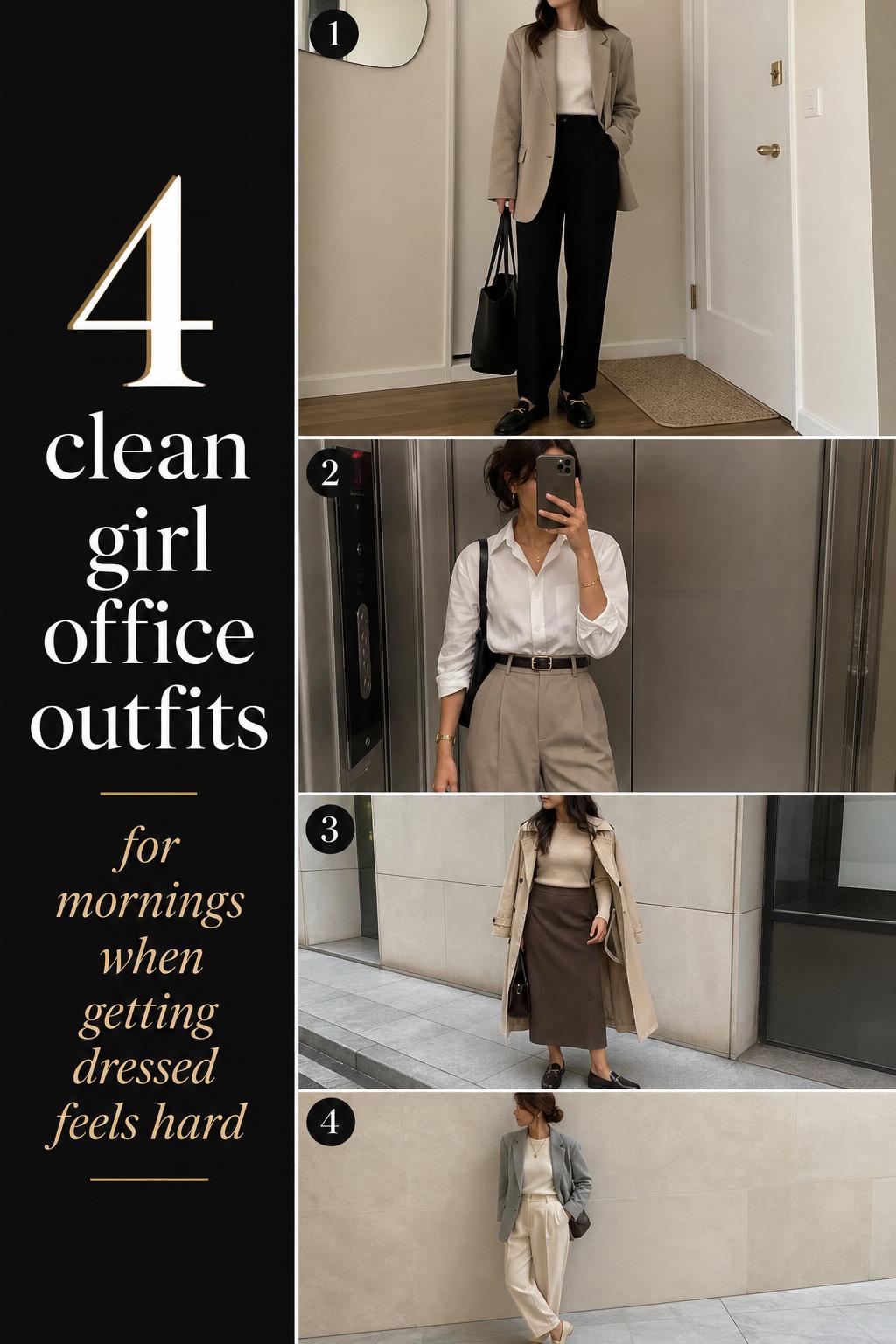 Clean girl office outfits list featuring 4 neutral looks with blazers, trousers, knitwear, and loafers in soft daylight.