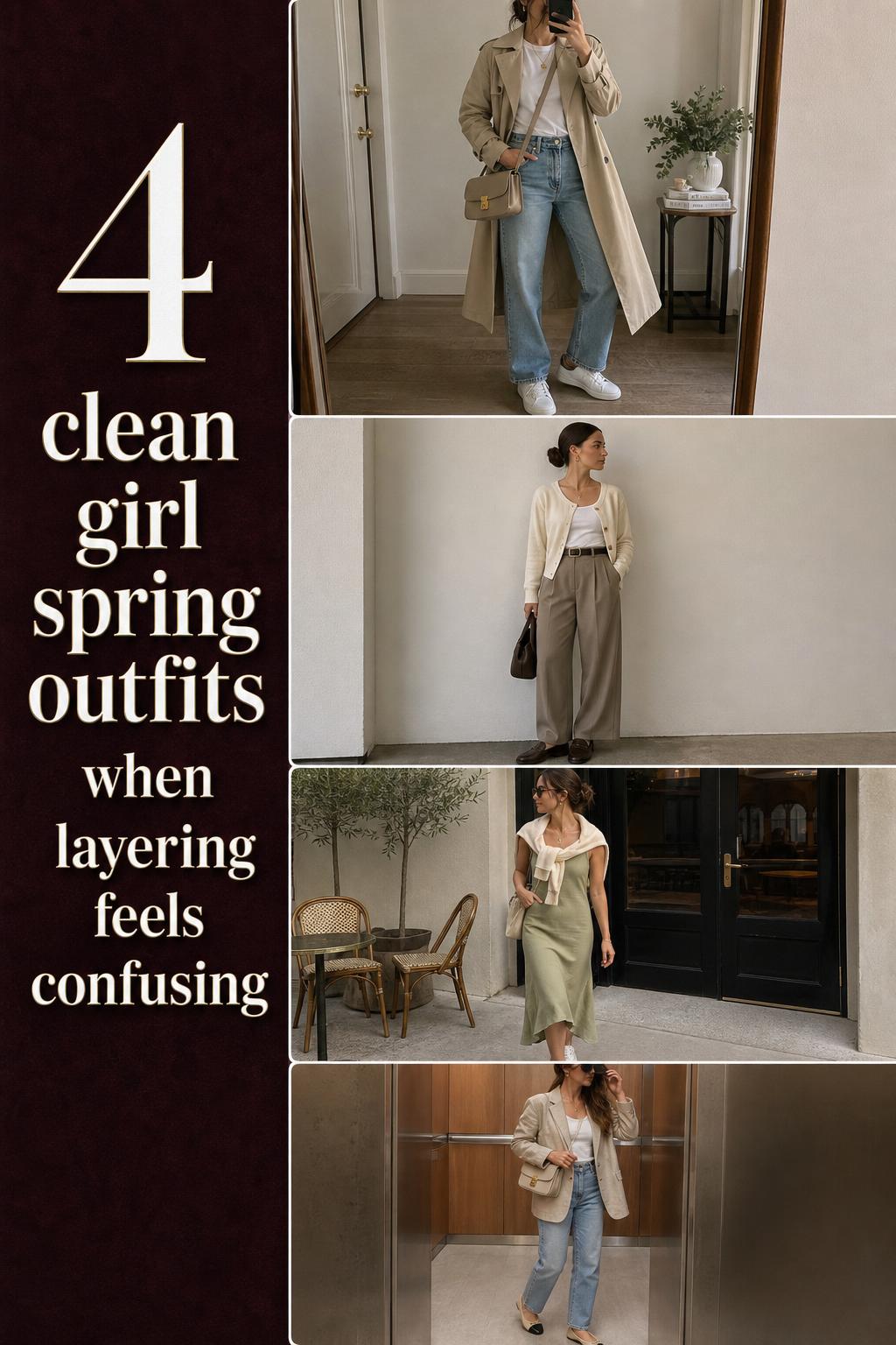 Clean girl spring outfits checklist showing 4 neutral layered looks with trench, cardigan, midi dress, and blazer