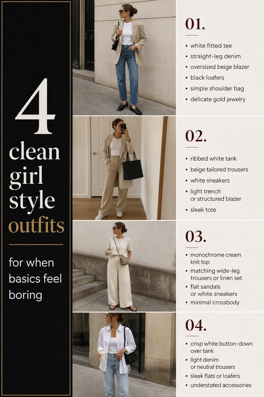 Clean girl style outfits list with 4 neutral minimalist looks: white tee denim blazer, tank trousers, cream set, button-down.