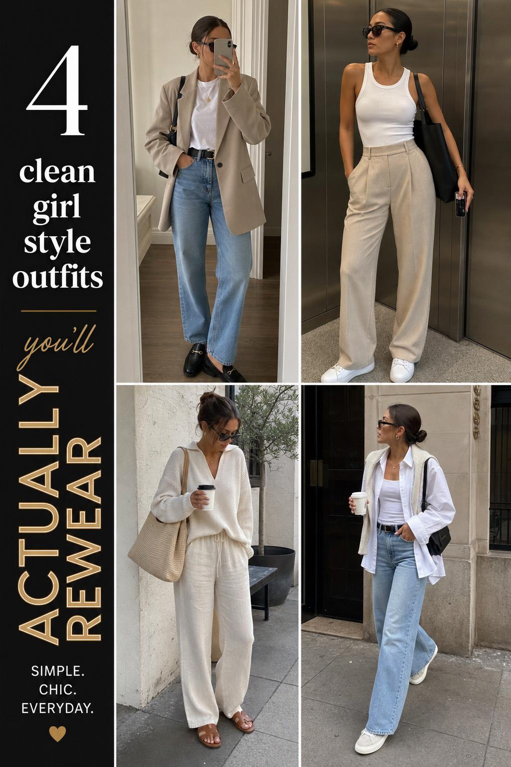 Clean girl style outfits grid with four neutral everyday looks, white tops, beige layers, denim, sneakers and loafers
