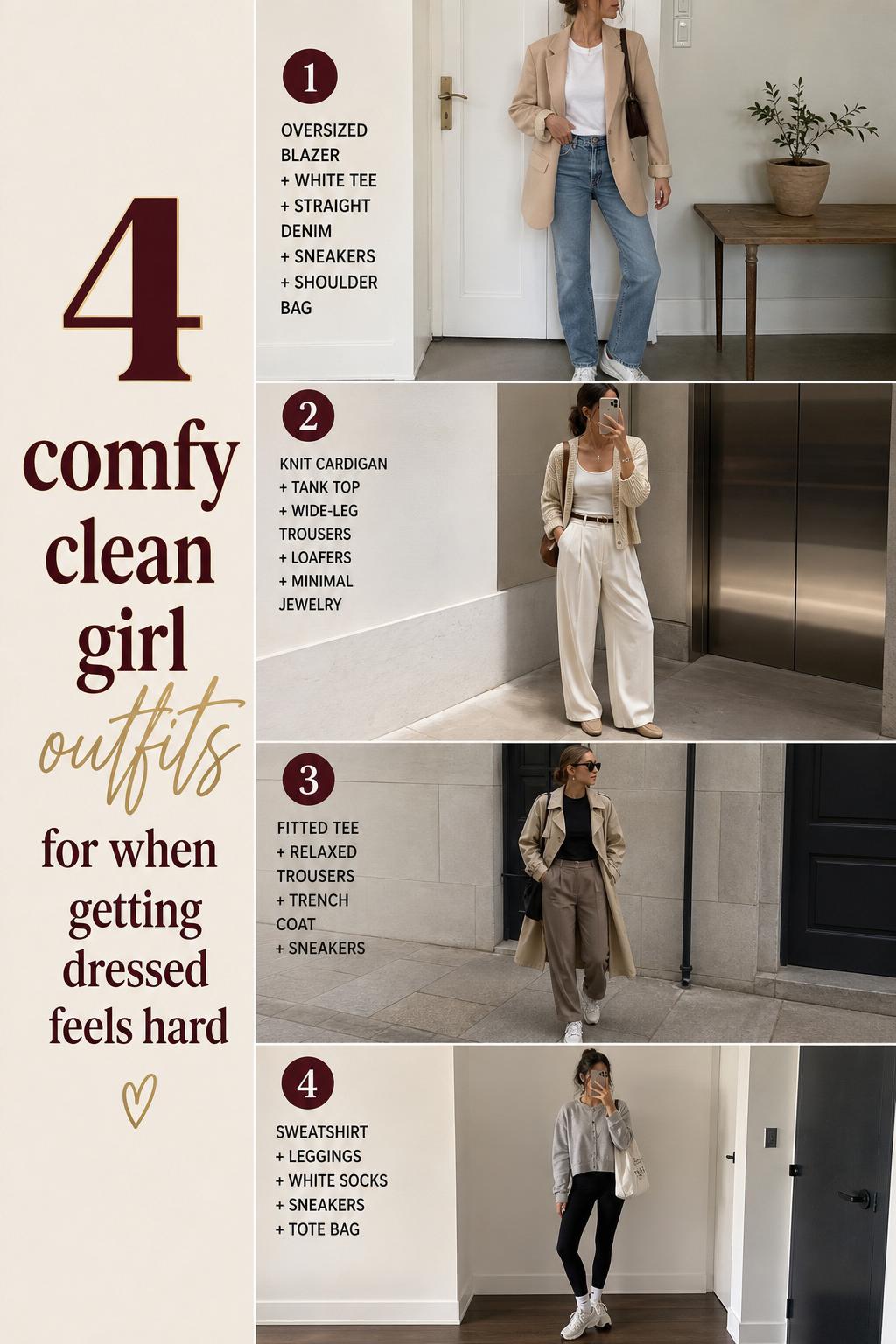 Comfy clean girl outfits guide with 4 minimal everyday looks in neutral tones, styled in a clear vertical Pinterest list.