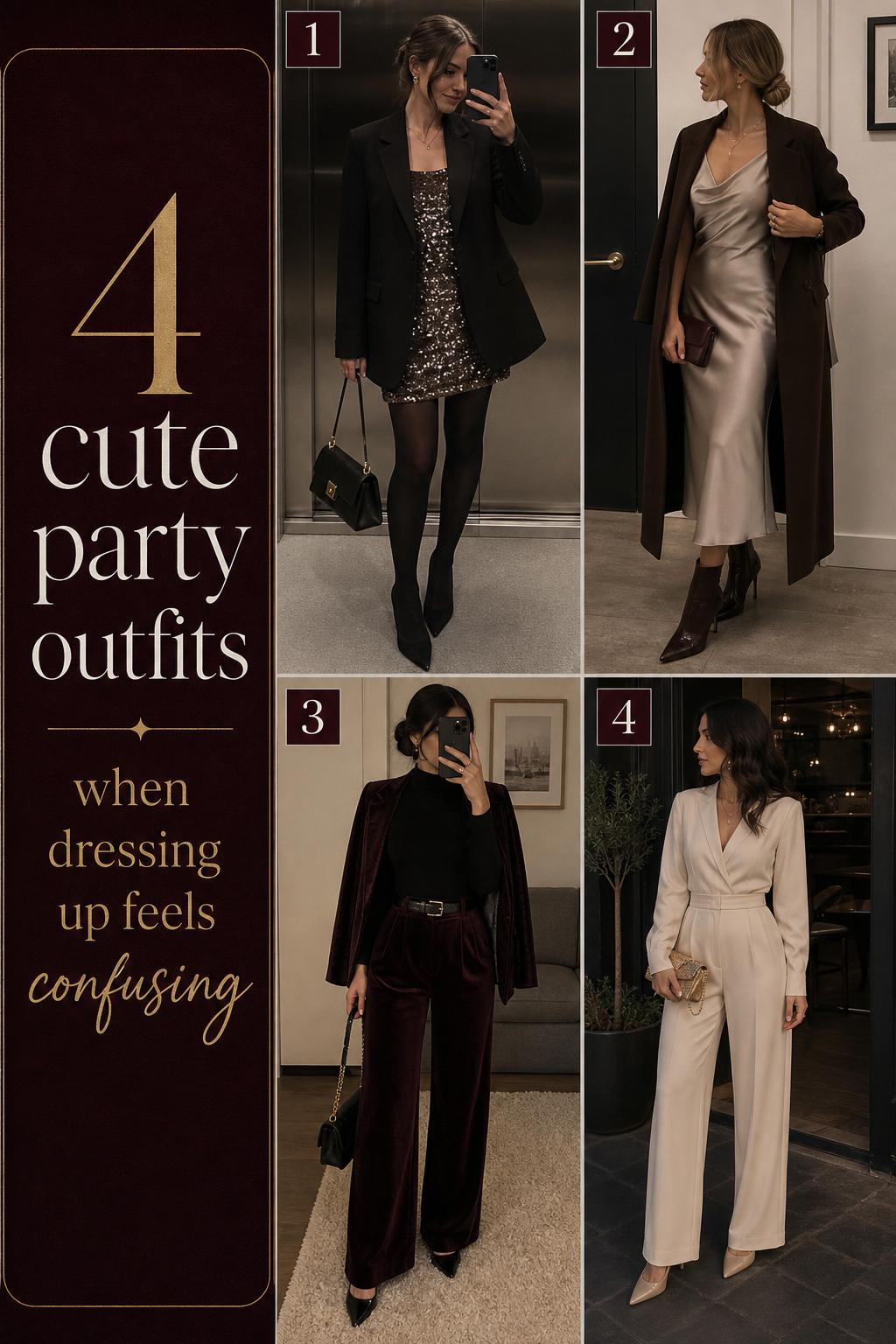 Cute party outfits grid with four modest evening looks in blazers, satin, velvet, and jumpsuit styling.