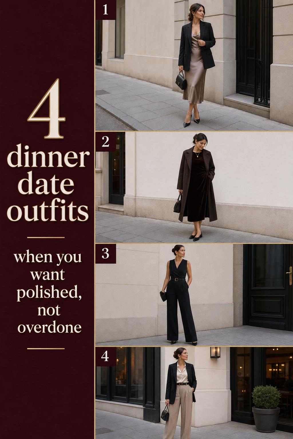 Pinterest-style vertical list of dinner date outfits with four polished, modest looks in neutral tones, photographed full-body