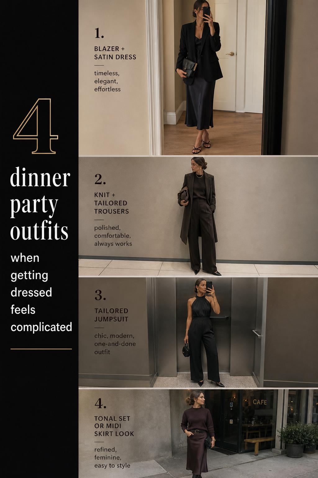 Pinterest-style checklist of 4 dinner party outfits with blazer satin dress, knit coat set, jumpsuit, and tonal skirt looks