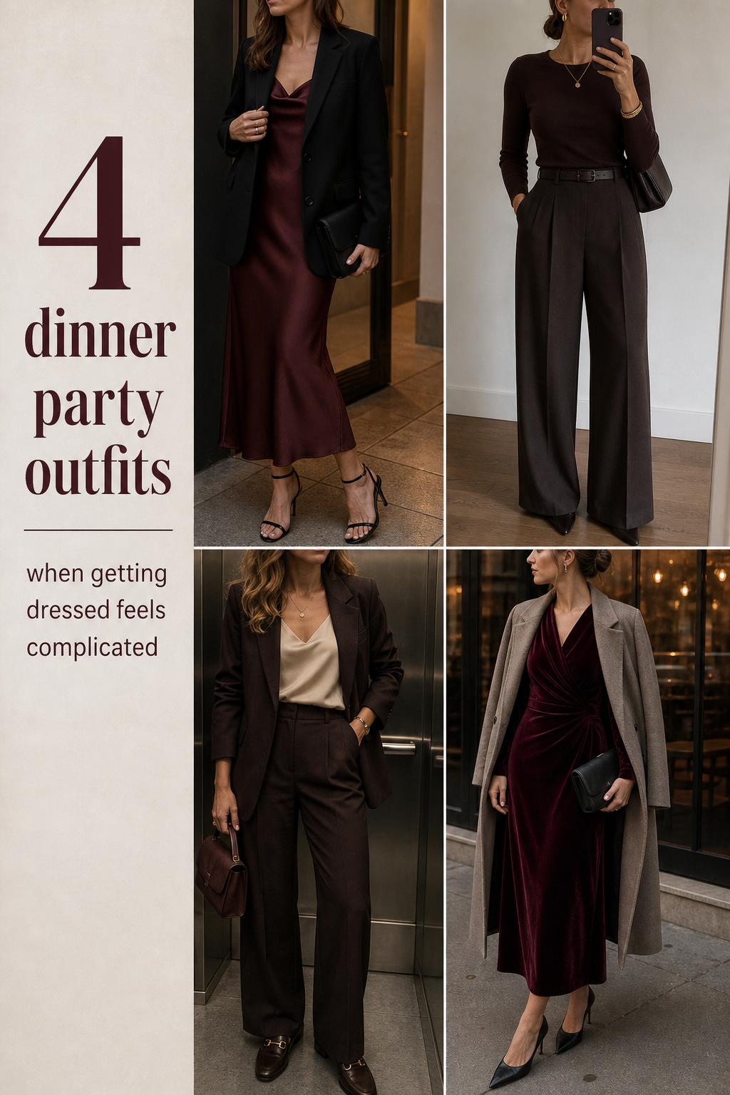 Pinterest-style grid of four refined dinner party outfits in burgundy, black, cream and taupe with blazers and midi dresses