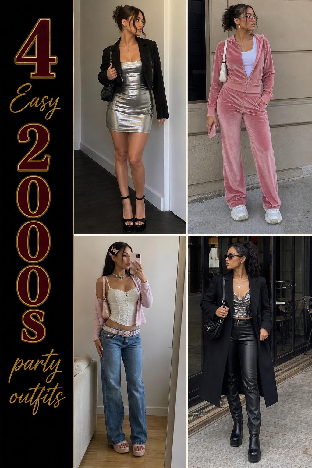 2000s party outfits grid with four women wearing Y2K-inspired looks in realistic city and apartment settings