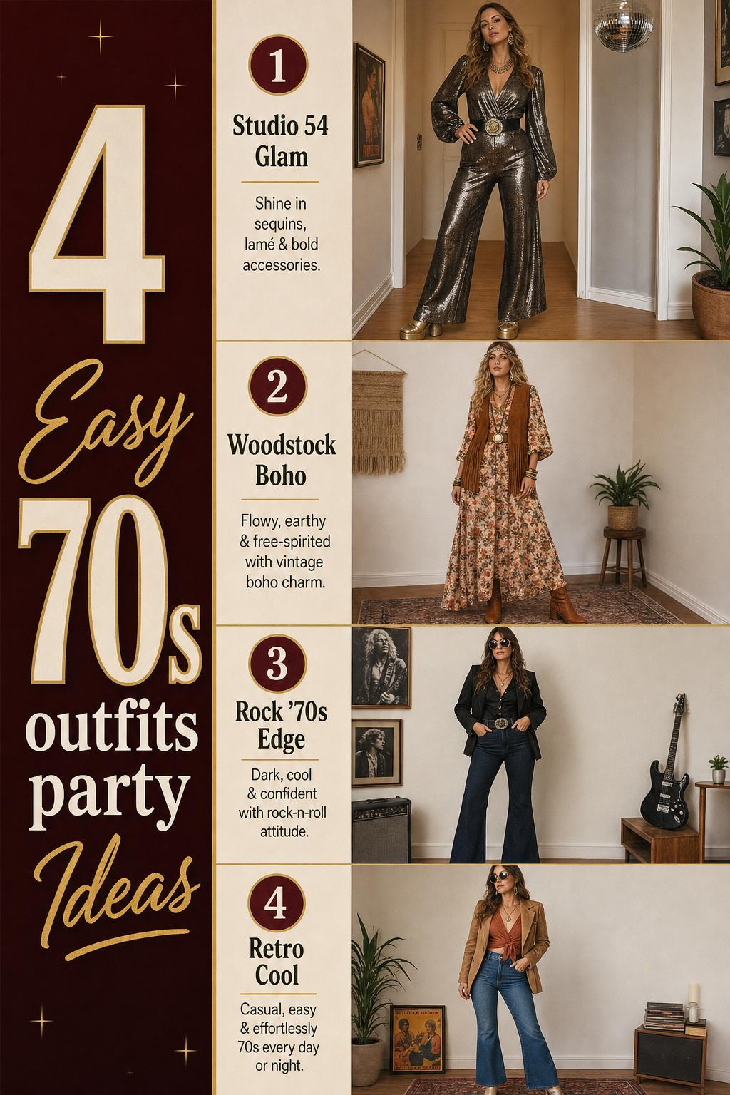 70s outfits party ideas in a 4-panel vertical fashion checklist featuring Studio 54, boho, rock, and casual retro looks