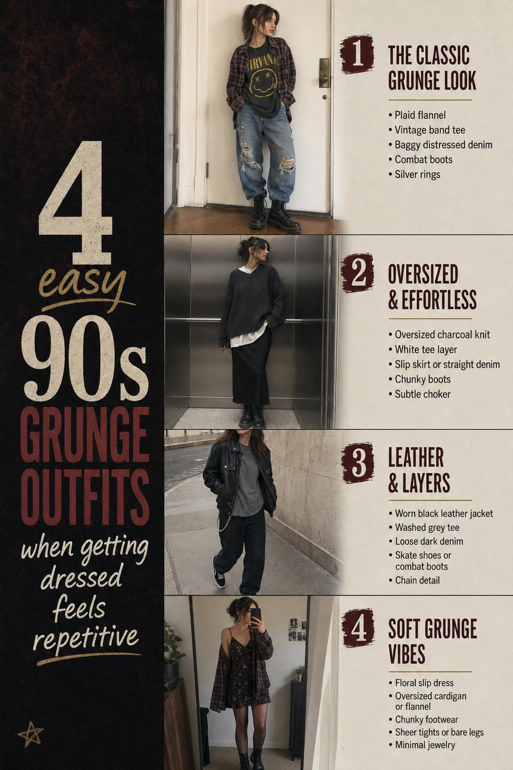 90s grunge outfits checklist with four realistic looks featuring flannel, band tee, leather jacket, slip dress, and boots