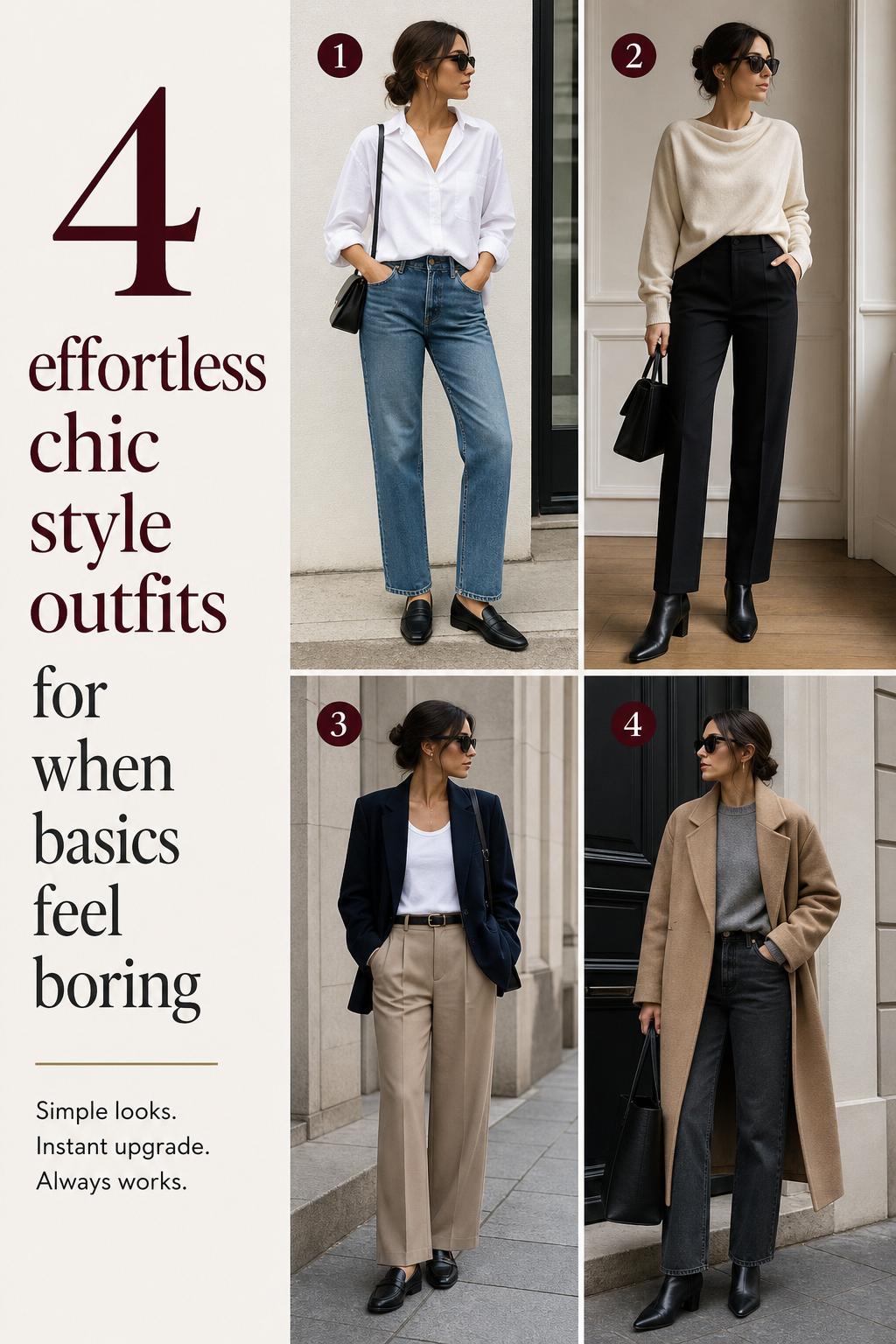 Effortless chic style outfit guide with four full-body urban looks in a clean Pinterest list layout.