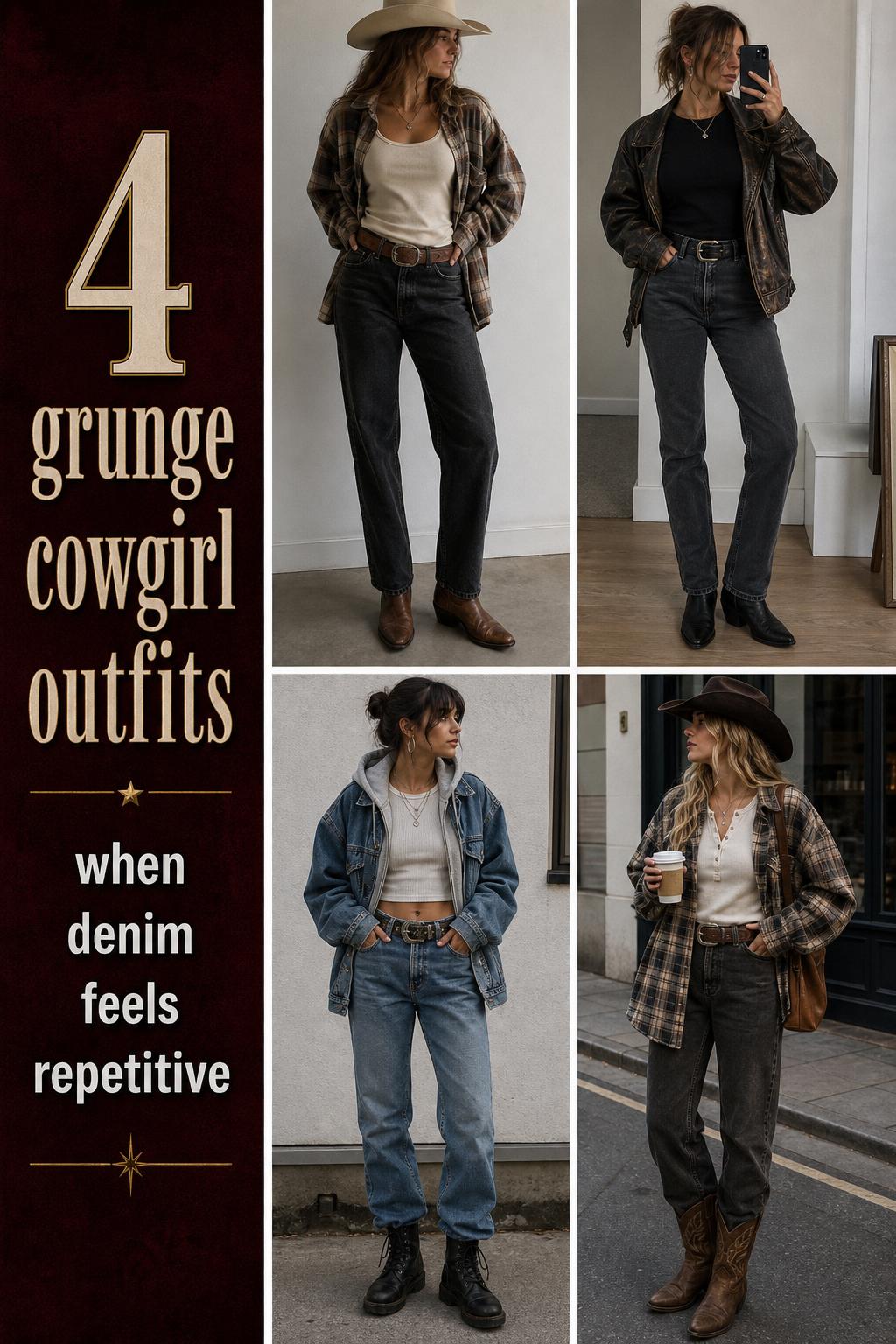Grunge cowgirl outfits grid showing four wearable denim-and-boot looks with muted plaid layers in a clean Pinterest-style collage.