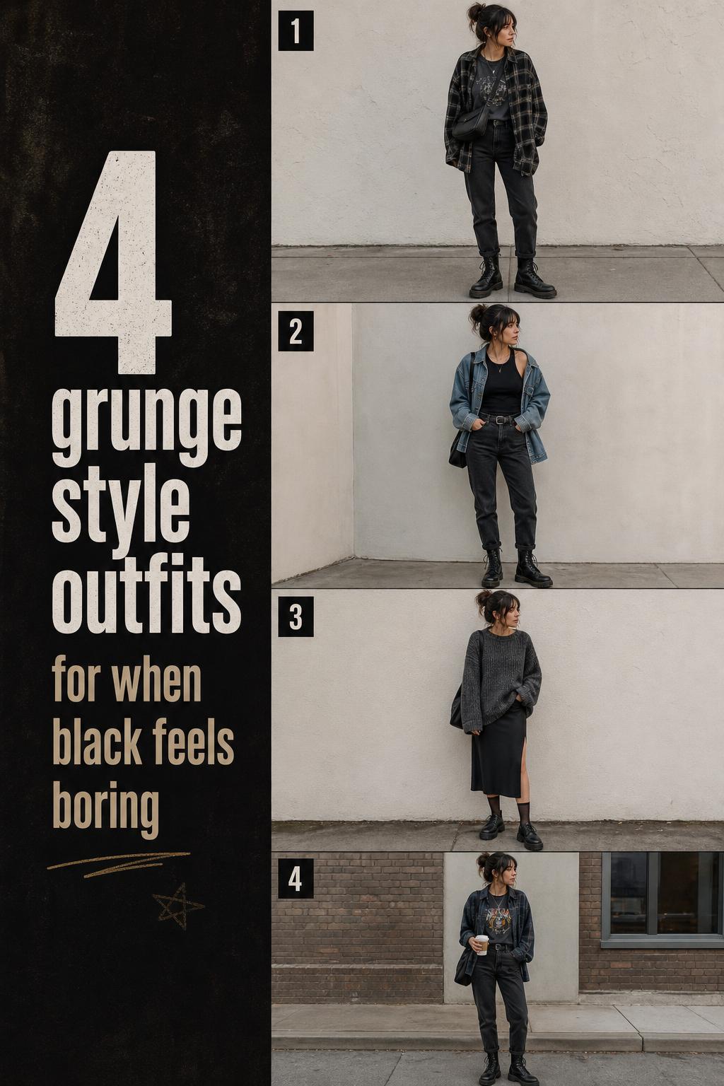 4 grunge style outfits checklist with plaid flannel, denim jacket, knit sweater and chunky combat boots in muted tones