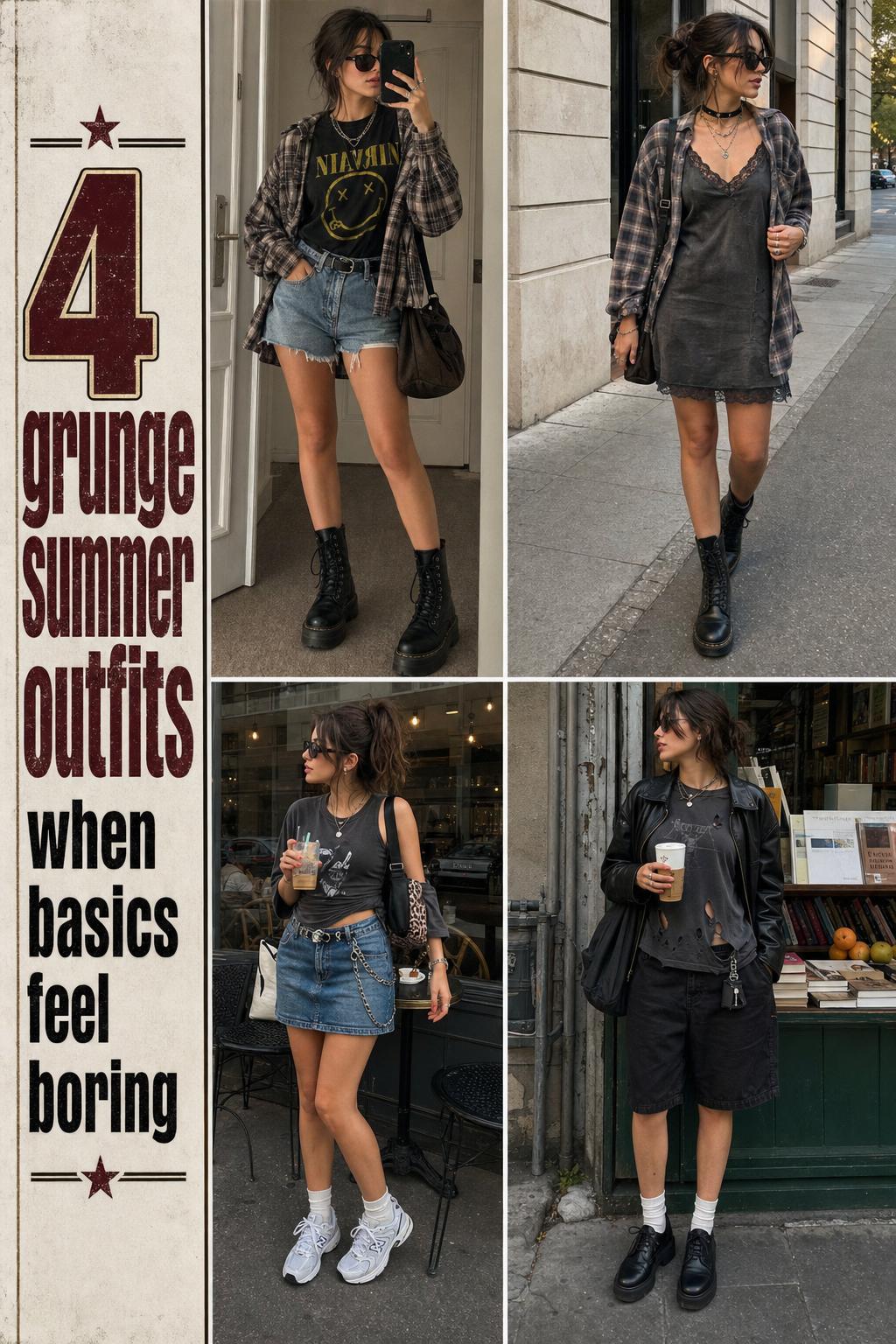Outfit grid of 4 grunge summer outfits with band tee, slip dress layers, denim skirt, and combat boots in city settings