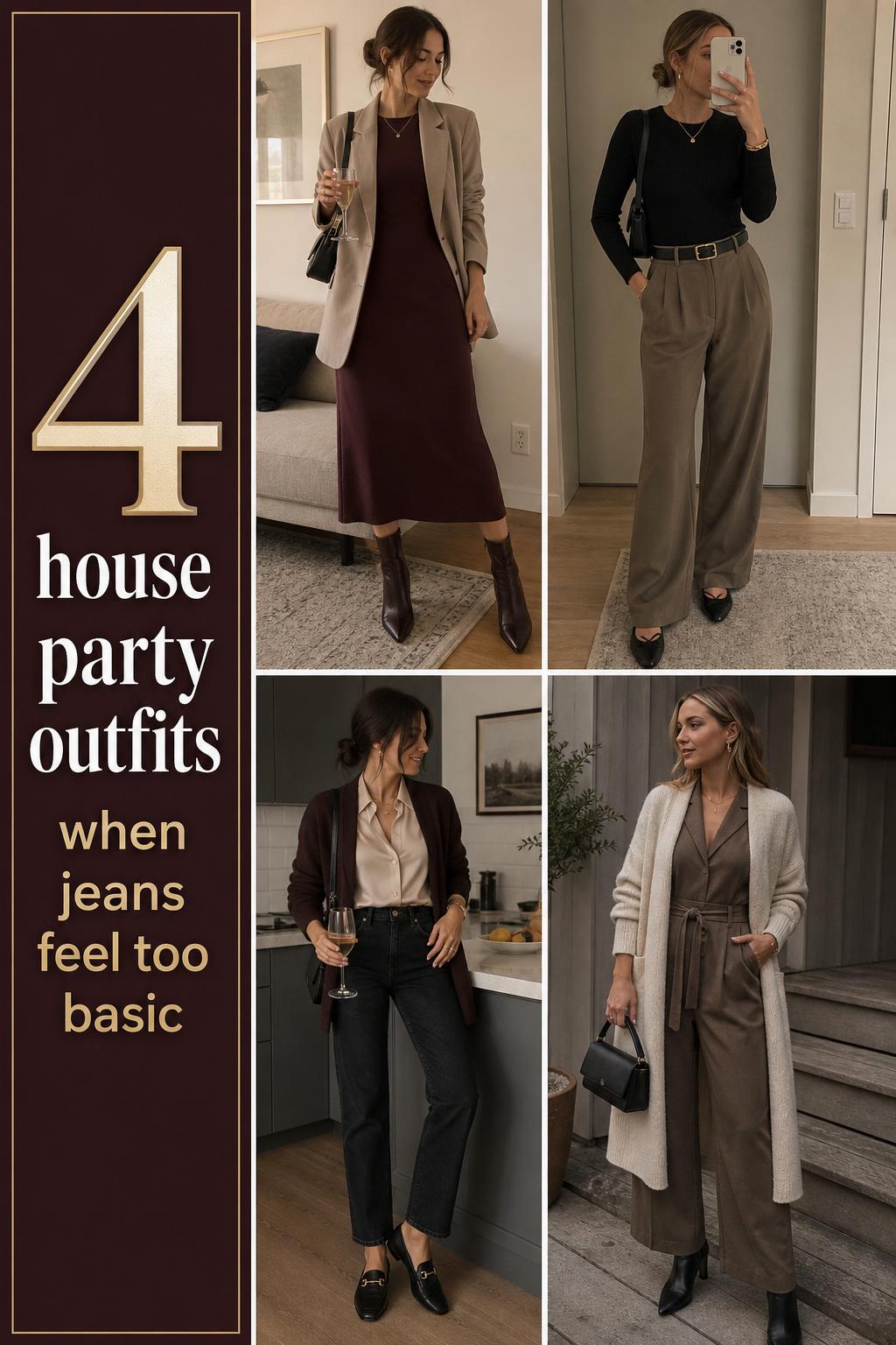House party outfits grid showing 4 modest women looks with blazer dress, knit trousers, jeans layers, and jumpsuit set