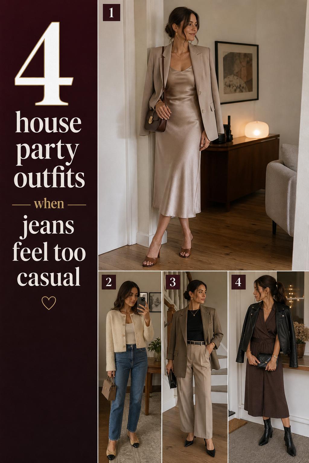 House party outfits checklist with 4 modern women’s looks in warm neutral tones, styled for a polished indoor gathering