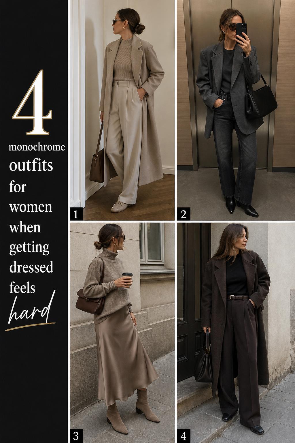Monochrome outfits for women collage showing four neutral-tone looks with coats, blazers, knits, and boots in real life settings.