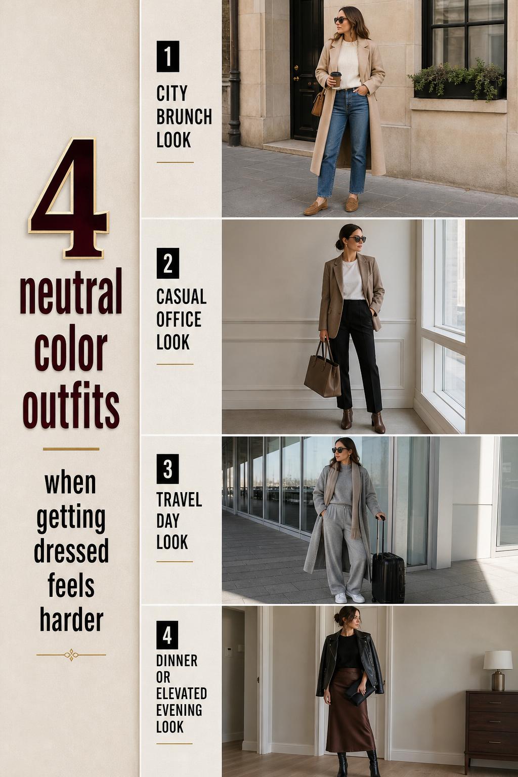 Pinterest-style fashion checklist featuring 4 neutral color outfits in a clean grid with modern capsule styling