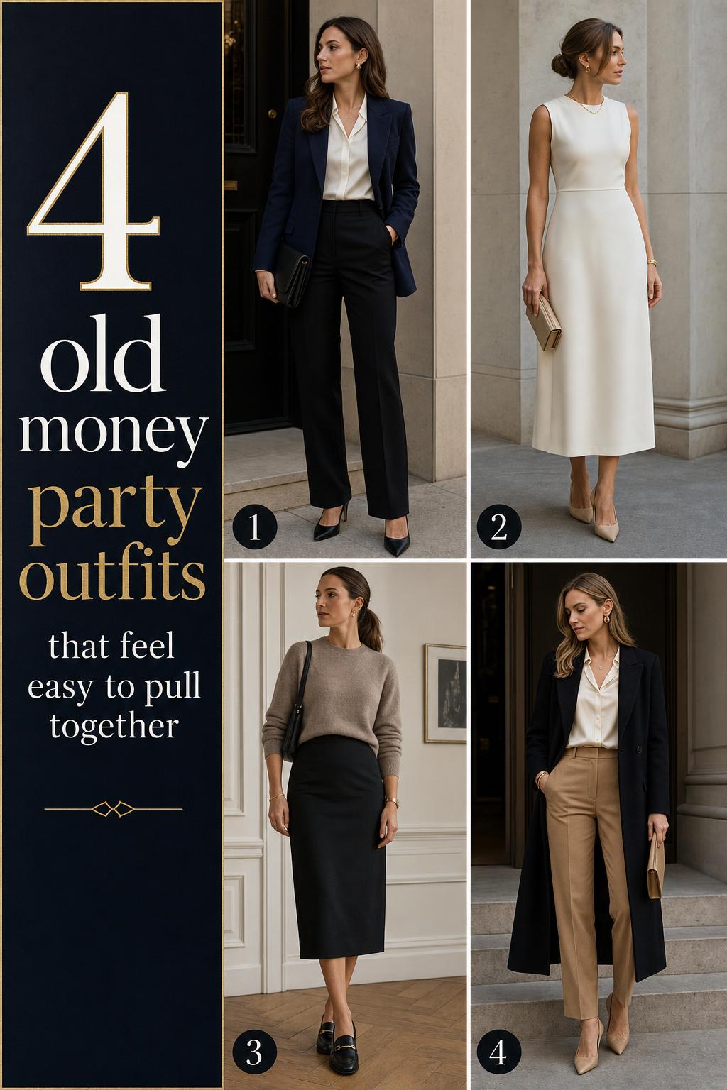 Pinterest-style checklist featuring 4 old money party outfits for adults, with polished blazer, dress, skirt, and trousers looks